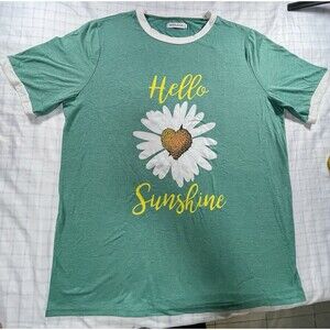 Misslook "Hello Sunshine" Daisy Graphic Ringer T-Shirt - Green - Size 2XL